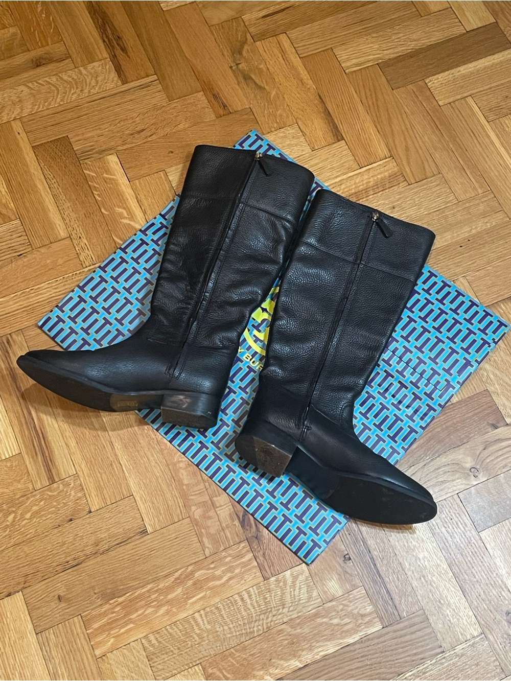 TORY BURCH~Pebbled Leather Logo Zip Black Riding Boots - Picture 6 of 13